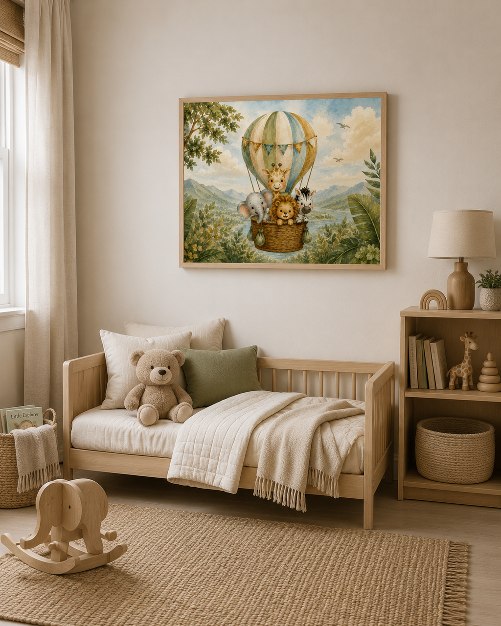 NuSafari™ Nursery Wall Art, Jungle Hot Air Balloon with Animal Nursery Print, Unframed Matte Poster, 10x8, 20x16 or 24x18