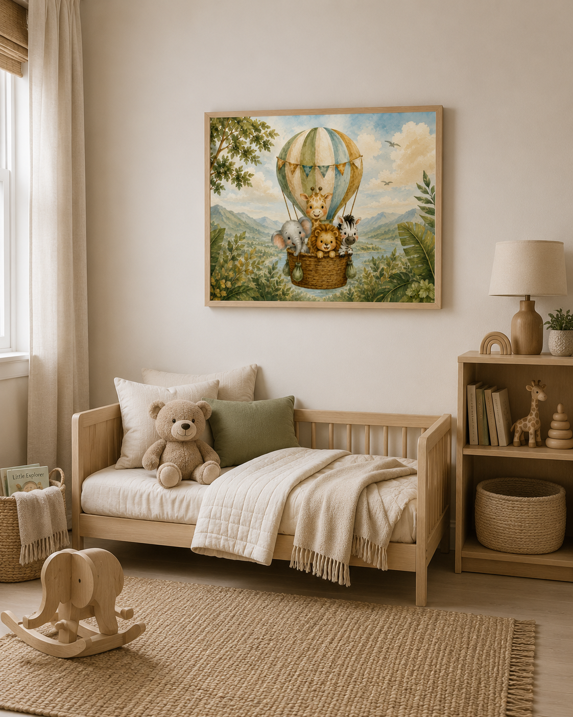 NuSafari™ Nursery Wall Art, Jungle Hot Air Balloon with Animal Nursery Print, Unframed Matte Poster, 10x8, 20x16 or 24x18