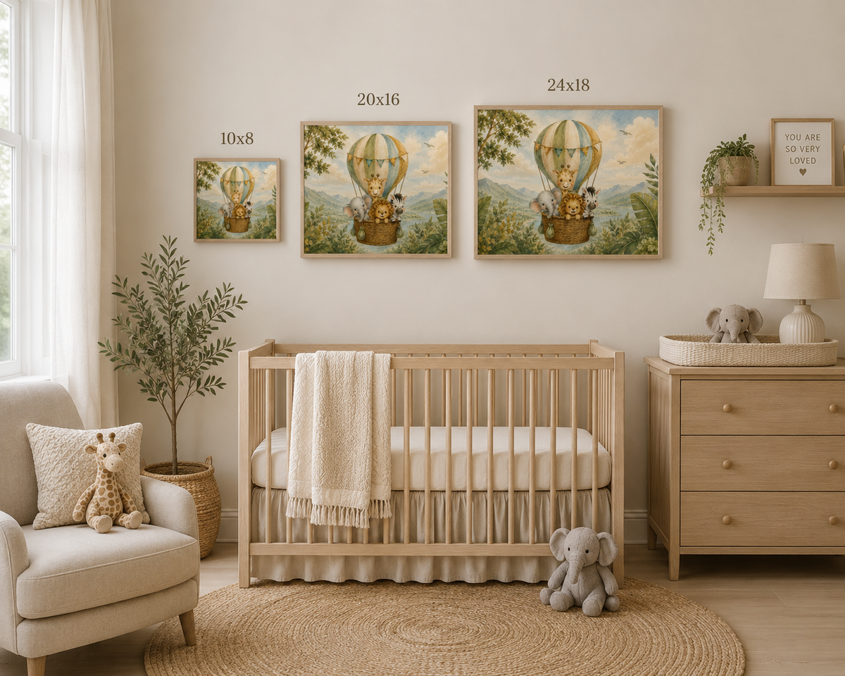 NuSafari™ Nursery Wall Art, Jungle Hot Air Balloon with Animal Nursery Print, Unframed Matte Poster, 10x8, 20x16 or 24x18