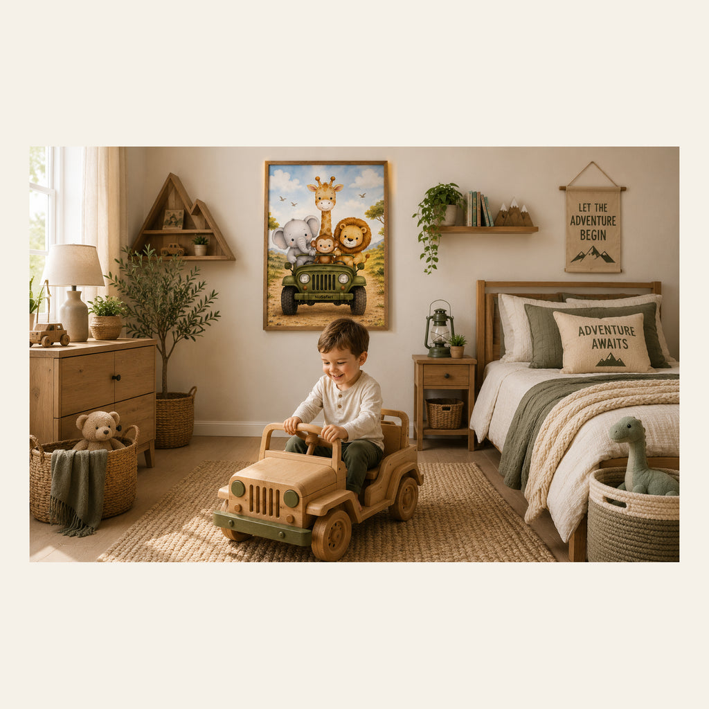 NuSafari™ Jeep Nursery Wall Art Poster Animal Adventure, Safari Nursery, Elephant Lion Giraffe Monkey Poster