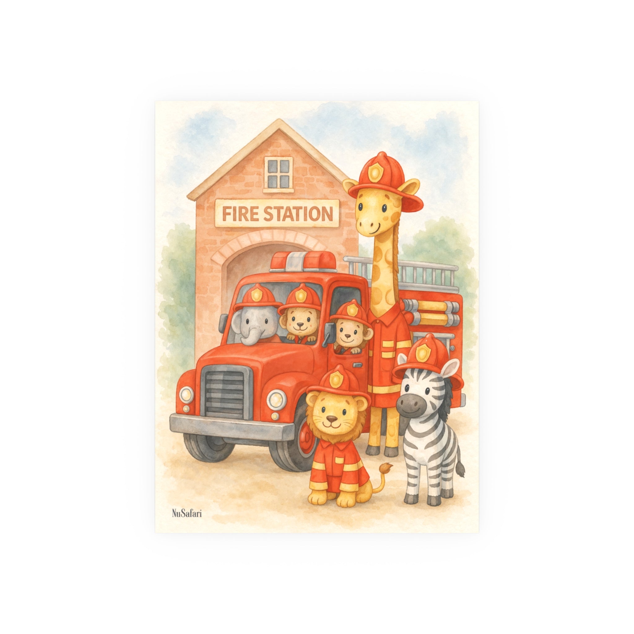 Firefighter Nursery Poster Safari Animal Fire Truck Wall Art, Baby Boy Room Decor, Kids Bedroom Print