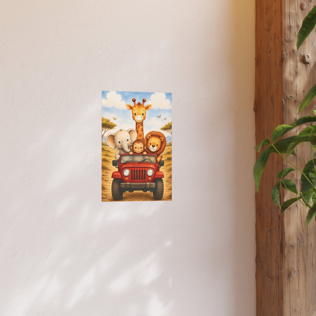 NuSafari™ Safari Nursery Wall Art Poster Unframed Animals in Red Jeep Poster Giraffe Elephant Lion and Monkey Toddler Bedroom