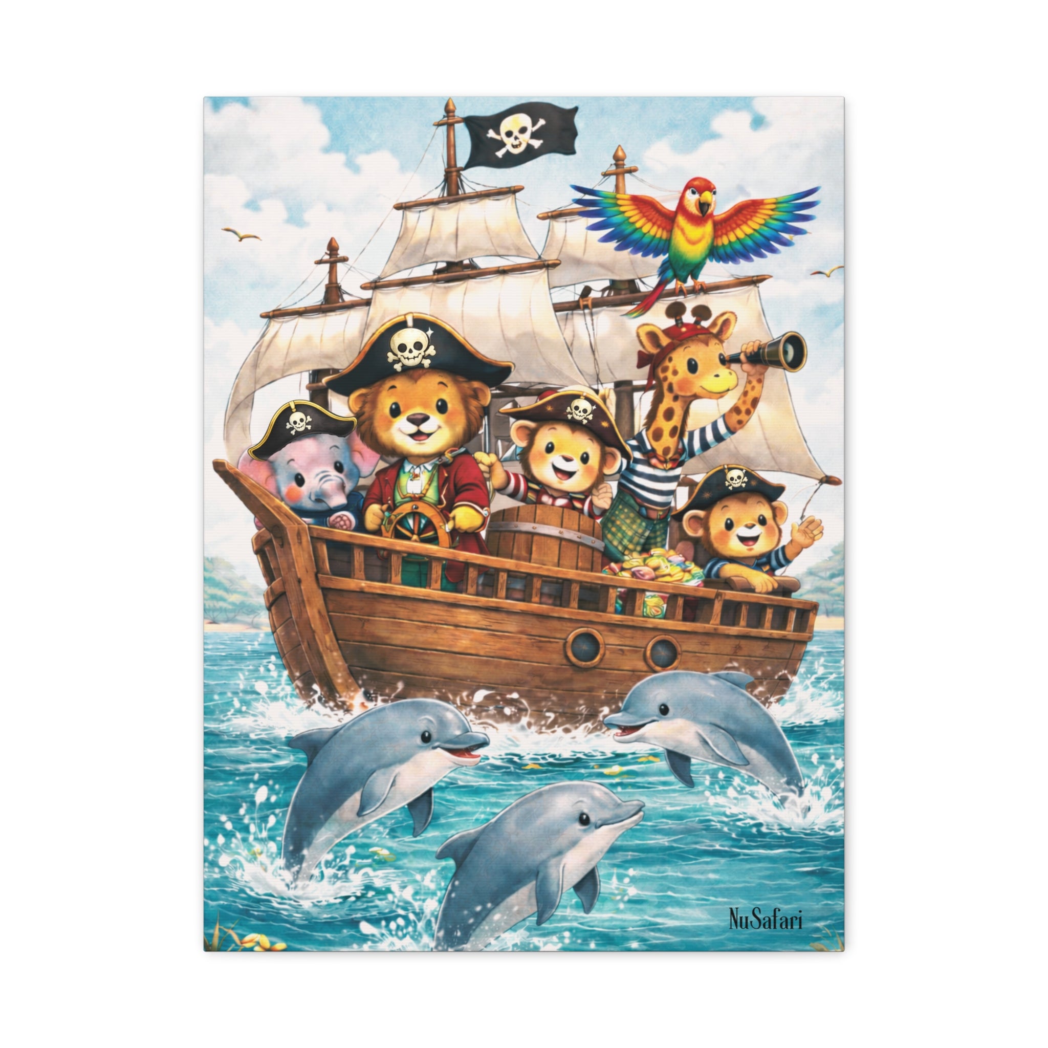 Safari Pirate Animals Nursery Wall Art Canvas– Cute Animal Pirate Ship with Dolphins – Kids Room Nautical Decor