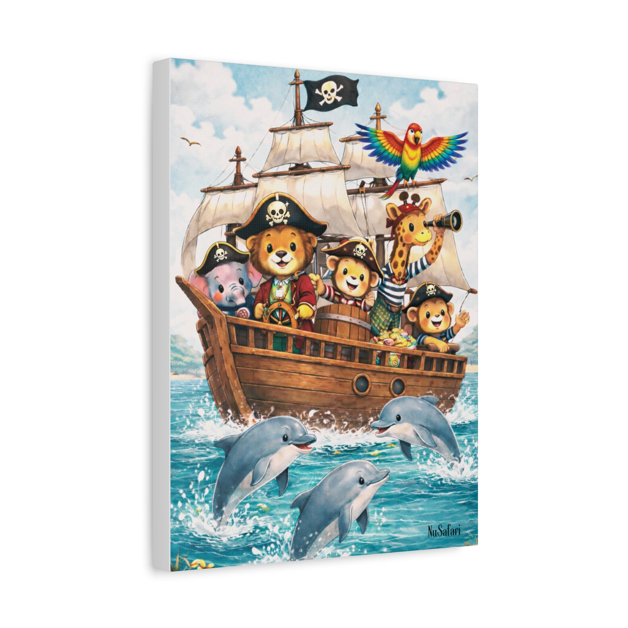 Safari Pirate Animals Nursery Wall Art Canvas– Cute Animal Pirate Ship with Dolphins – Kids Room Nautical Decor