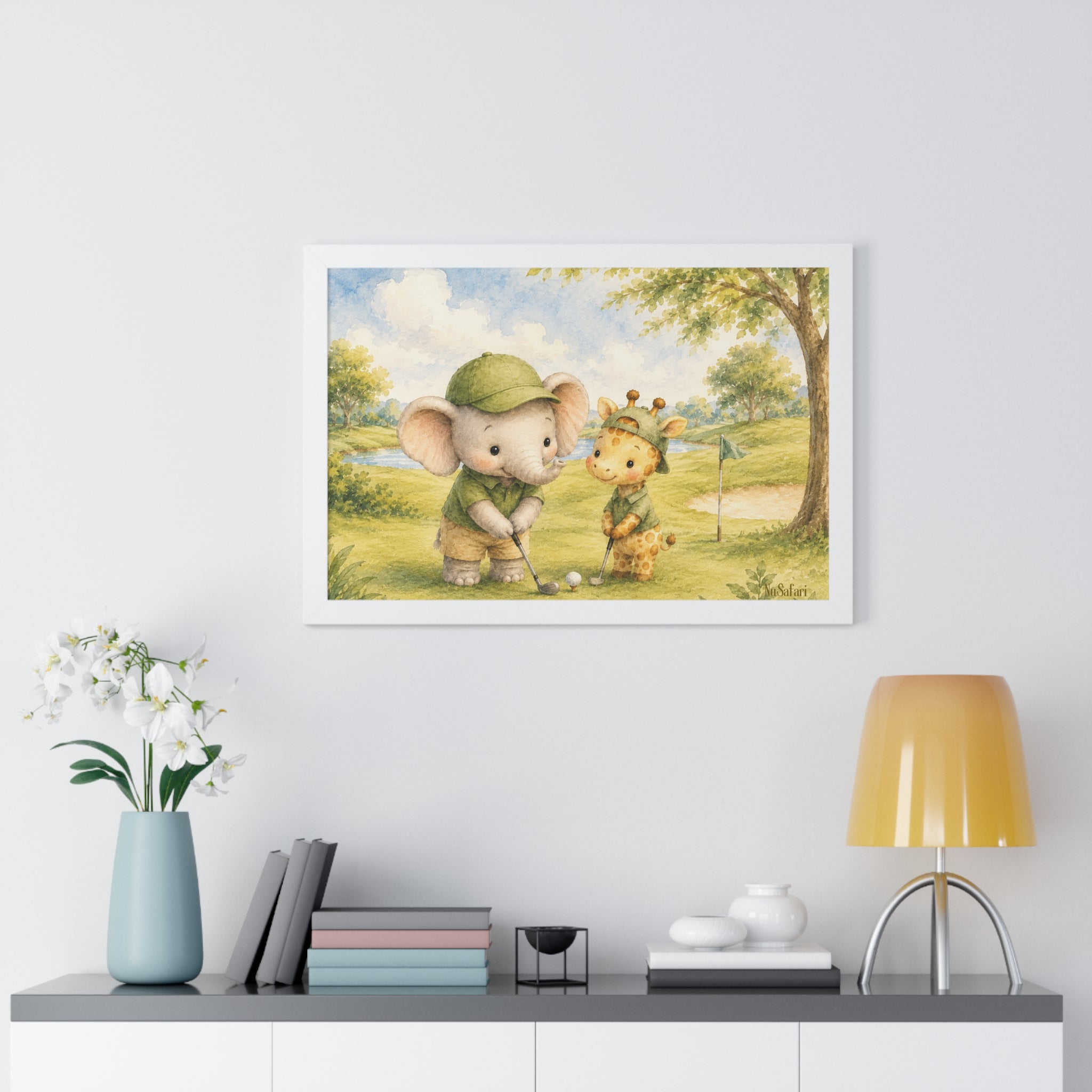 Framed Golf Nursery Decor, Elephant Giraffe Wall Art, Safari Print, Daddy Golf Theme Artwork Watercolor Animal Poster