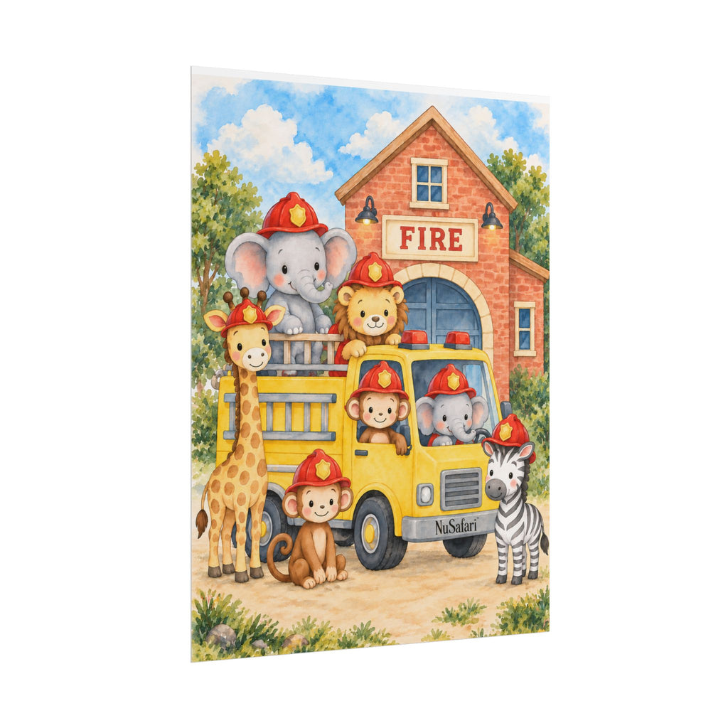 NuSafari™ Fire Truck Nursery Kids Wall Art Poster, Safari Animal Firefighter Decor Elephant, Lion, Giraffe, Monkey and Zebra