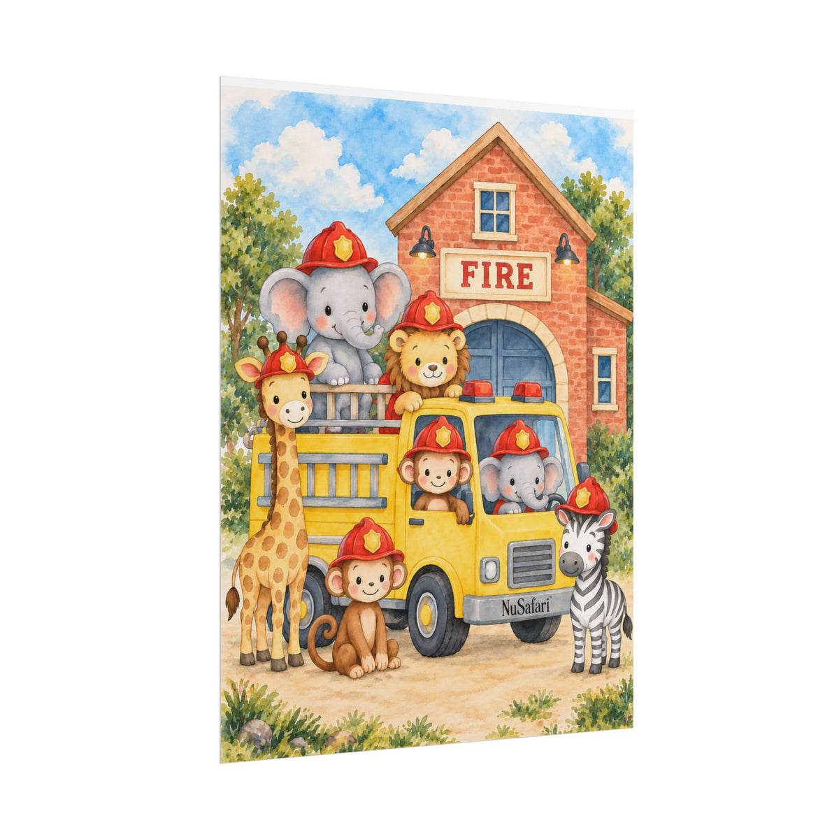 NuSafari™ Fire Truck Nursery Kids Wall Art Poster, Safari Animal Firefighter Decor Elephant, Lion, Giraffe, Monkey and Zebra