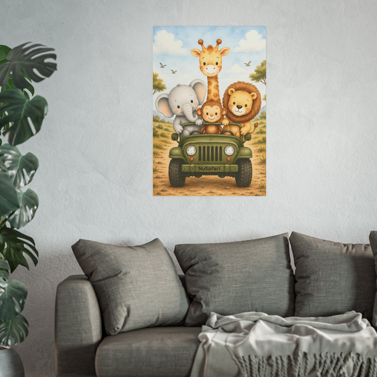 NuSafari™ Jeep Nursery Wall Art Poster Animal Adventure, Safari Nursery, Elephant Lion Giraffe Monkey Poster
