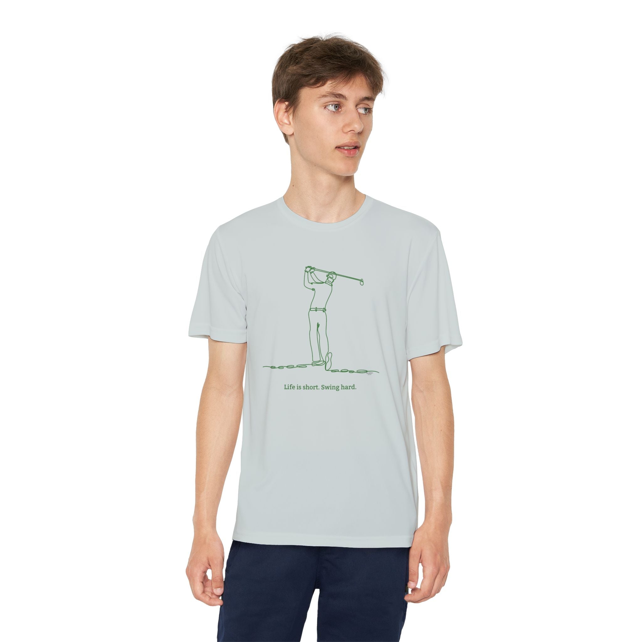 Minimalist Swinging Youth Golfer Performance Tee