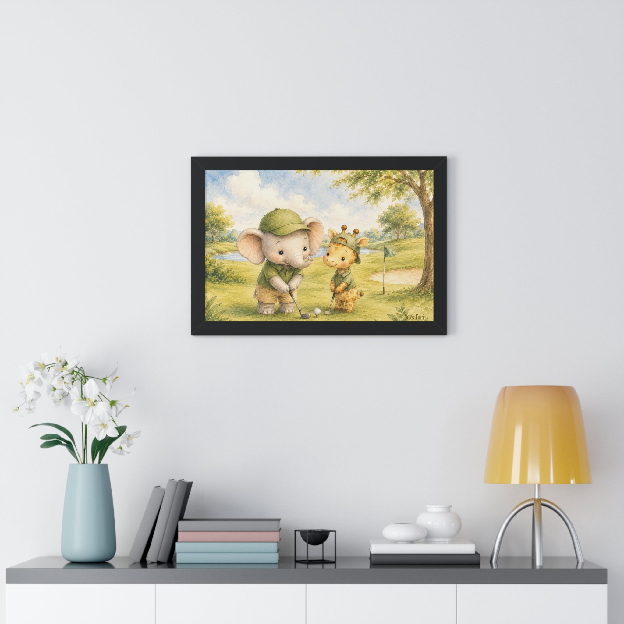 Framed Golf Nursery Decor, Elephant Giraffe Wall Art, Safari Print, Daddy Golf Theme Artwork Watercolor Animal Poster
