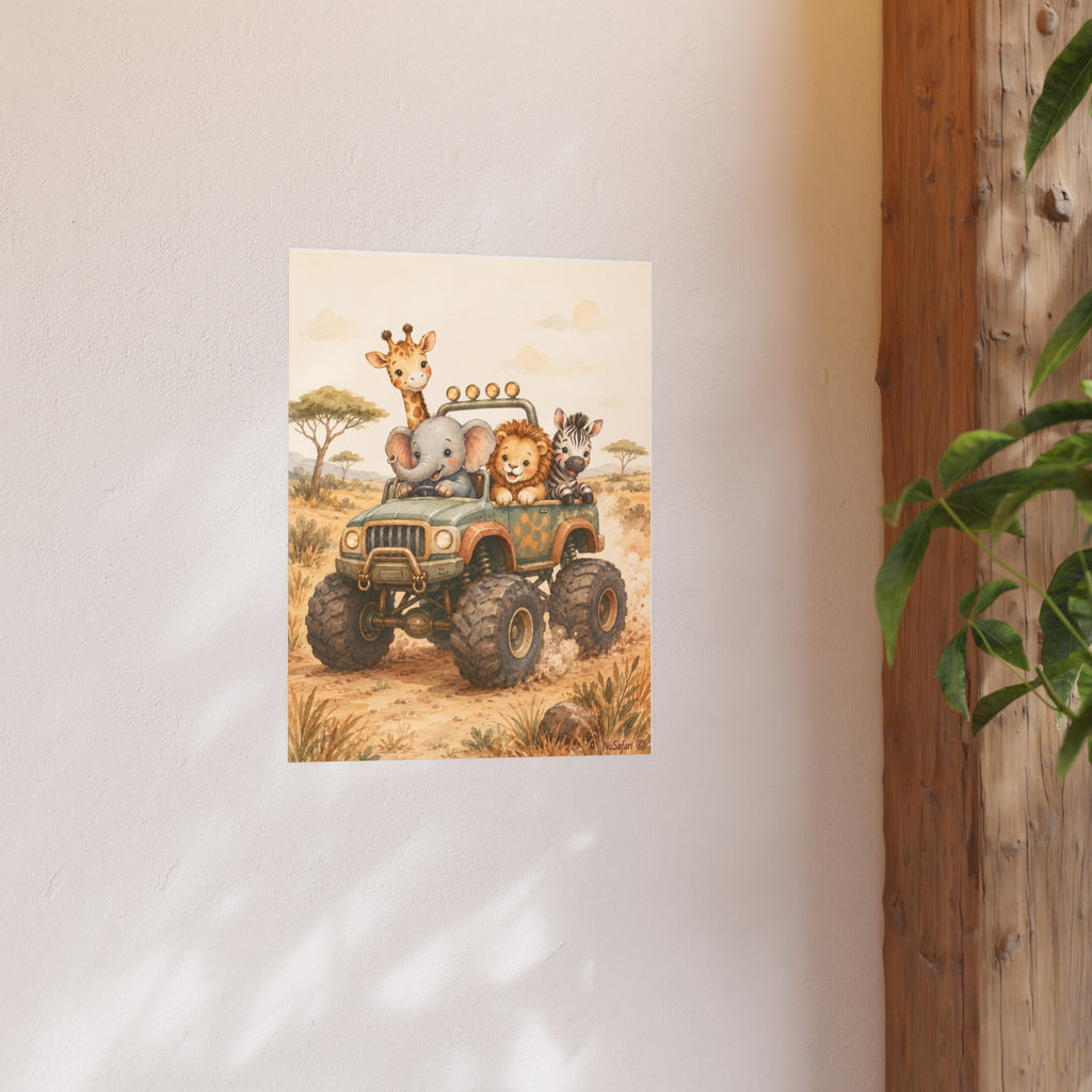 NuSafari™ Monster Truck Safari Wall Art Poster Safari Animal Nursery, Elephant Giraffe Lion Zebra Adventure Toddler Decor