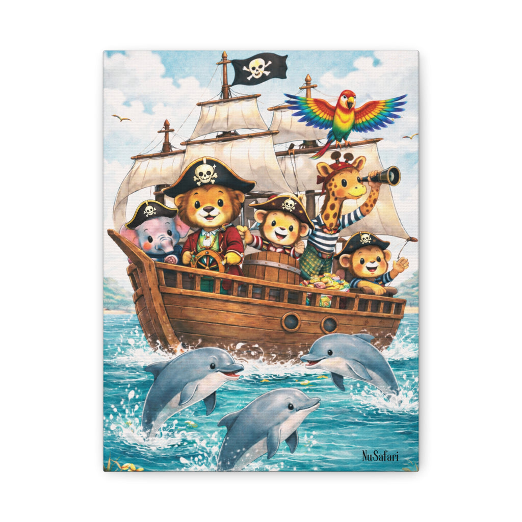 Safari Pirate Animals Nursery Wall Art Canvas– Cute Animal Pirate Ship with Dolphins – Kids Room Nautical Decor