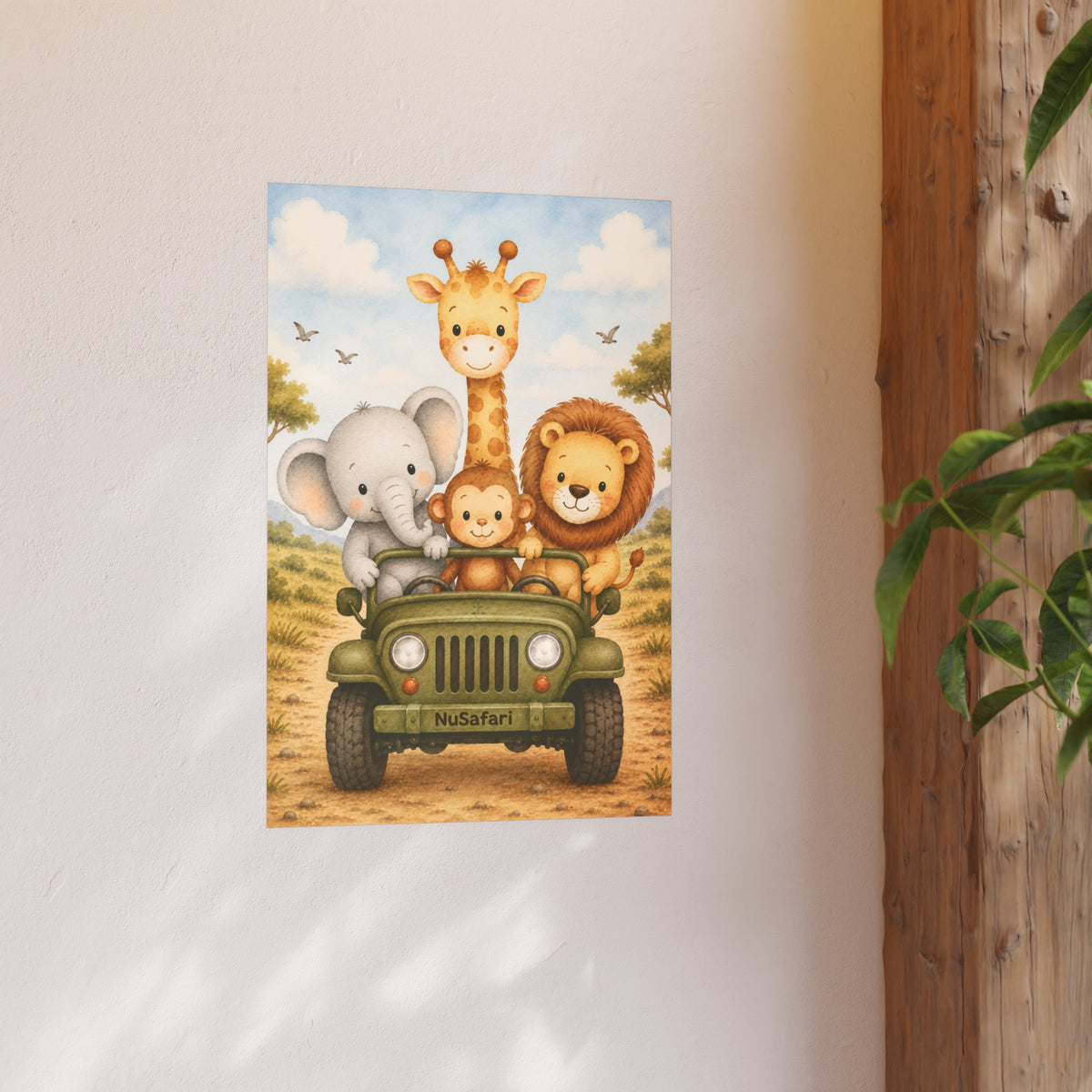 NuSafari™ Jeep Nursery Wall Art Poster Animal Adventure, Safari Nursery, Elephant Lion Giraffe Monkey Poster