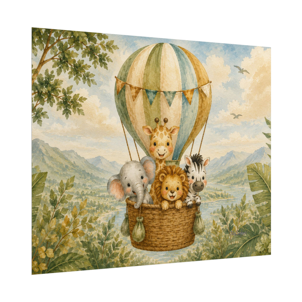 NuSafari™ Nursery Wall Art, Jungle Hot Air Balloon with Animal Nursery Print, Unframed Matte Poster, 10x8, 20x16 or 24x18
