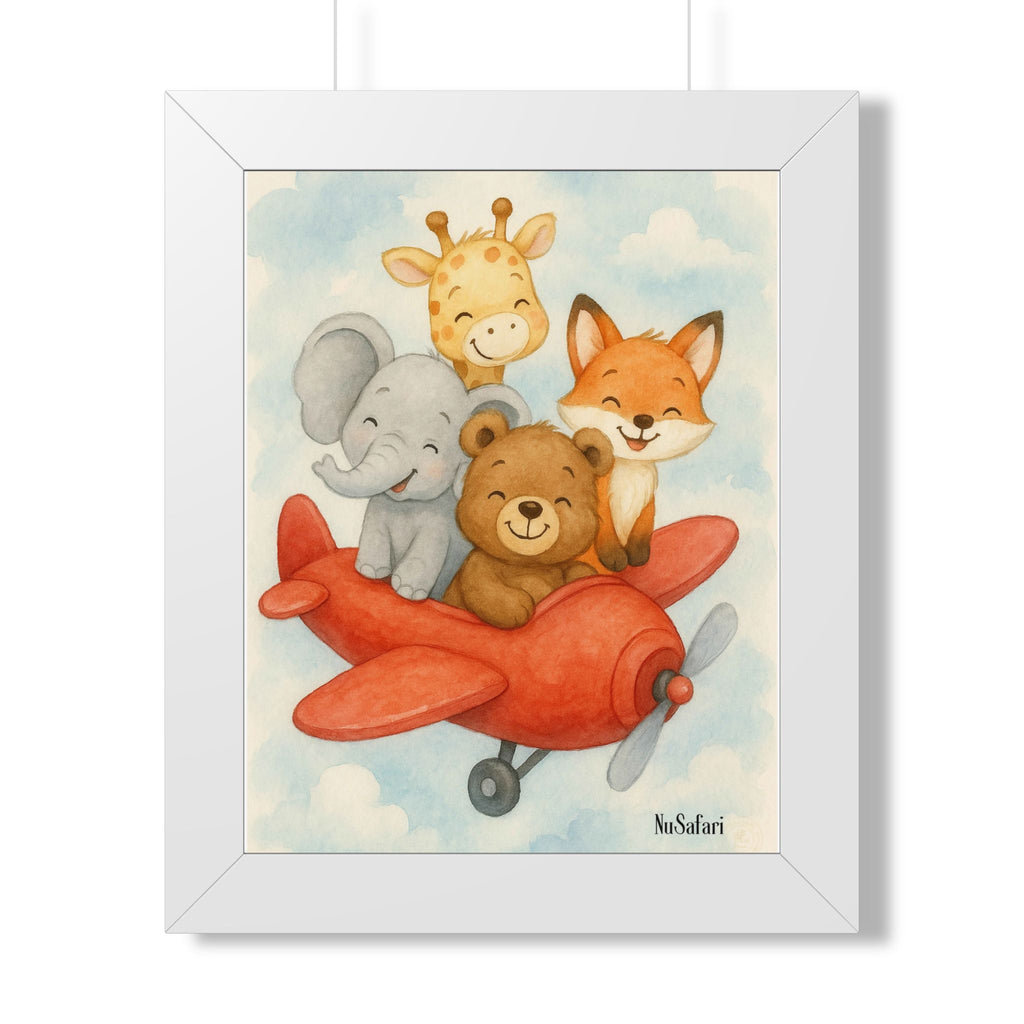 White Frame Safari Animals Airplane Nursery Wall Art,  11"x 14" Framed Baby Room Decor, Whimsical Storybook Print, Neutral Nursery Gift, Kids Room Wall Art