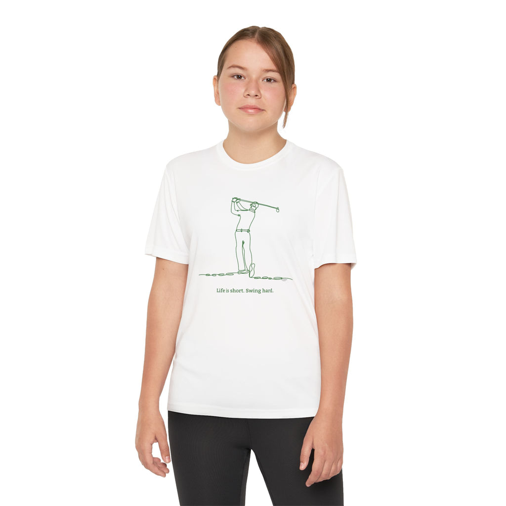 Minimalist Swinging Youth Golfer Performance Tee