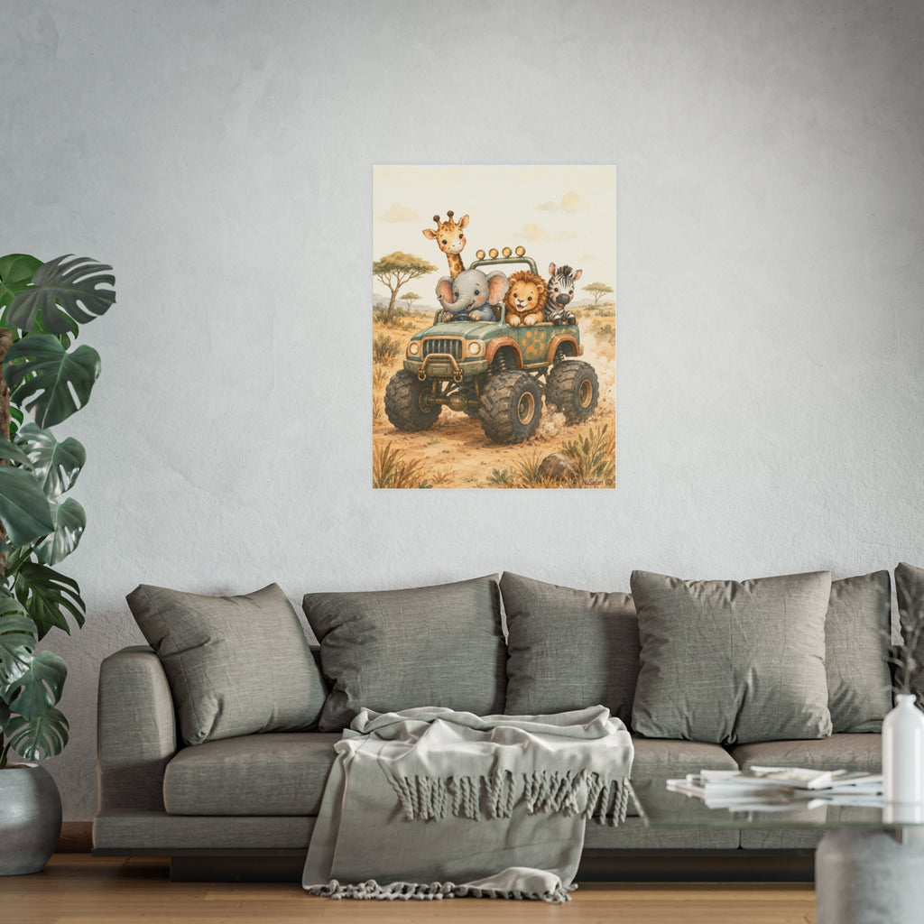 NuSafari™ Monster Truck Safari Wall Art Poster Safari Animal Nursery, Elephant Giraffe Lion Zebra Adventure Toddler Decor