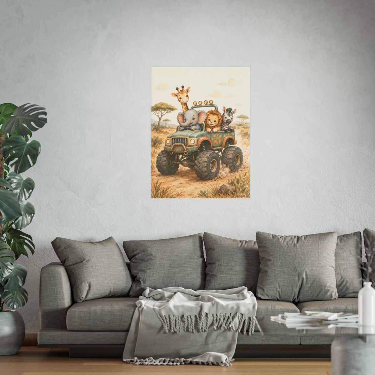 NuSafari™ Monster Truck Safari Wall Art Poster Safari Animal Nursery, Elephant Giraffe Lion Zebra Adventure Toddler Decor