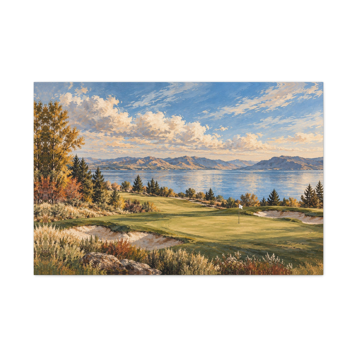 Lakeside Fairway Impressionist Golf Landscape Canvas Wall Art 36" x 24"