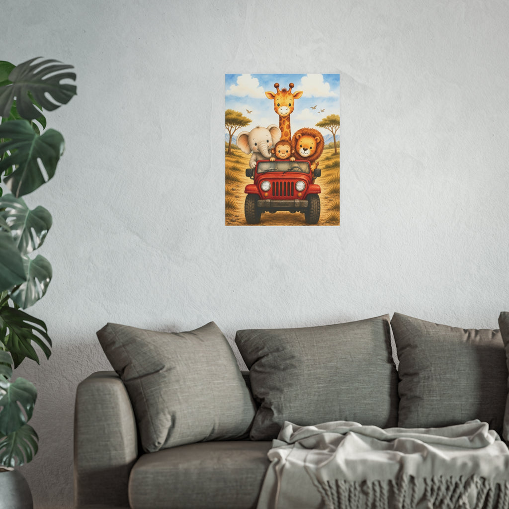 NuSafari™ Safari Nursery Wall Art Poster Unframed Animals in Red Jeep Poster Giraffe Elephant Lion and Monkey Toddler Bedroom
