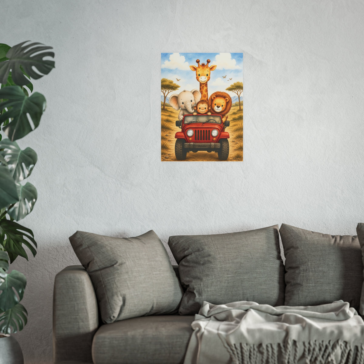 NuSafari™ Safari Nursery Wall Art Poster Unframed Animals in Red Jeep Poster Giraffe Elephant Lion and Monkey Toddler Bedroom