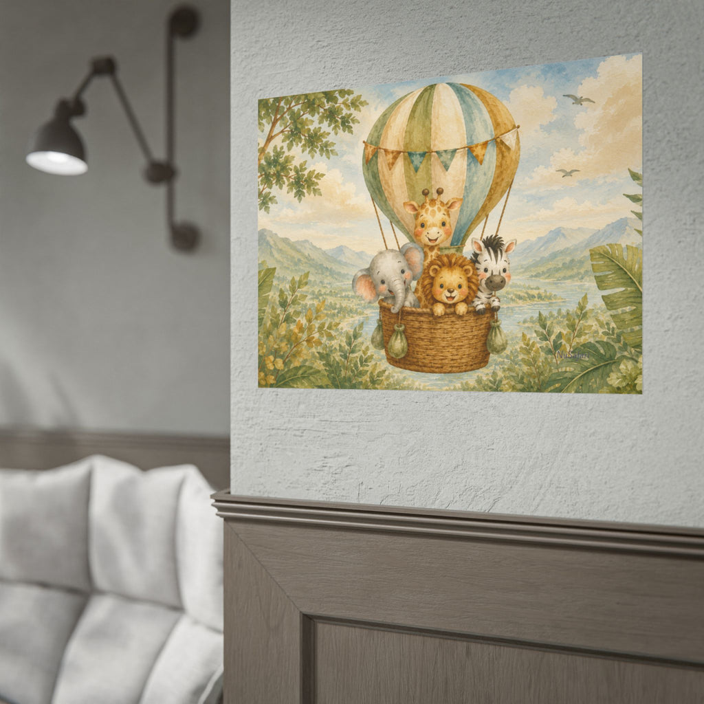 NuSafari™ Nursery Wall Art, Jungle Hot Air Balloon with Animal Nursery Print, Unframed Matte Poster, 10x8, 20x16 or 24x18