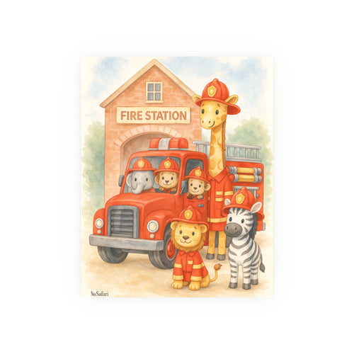 Firefighter Nursery Poster Safari Animal Fire Truck Wall Art, Baby Boy Room Decor, Kids Bedroom Print