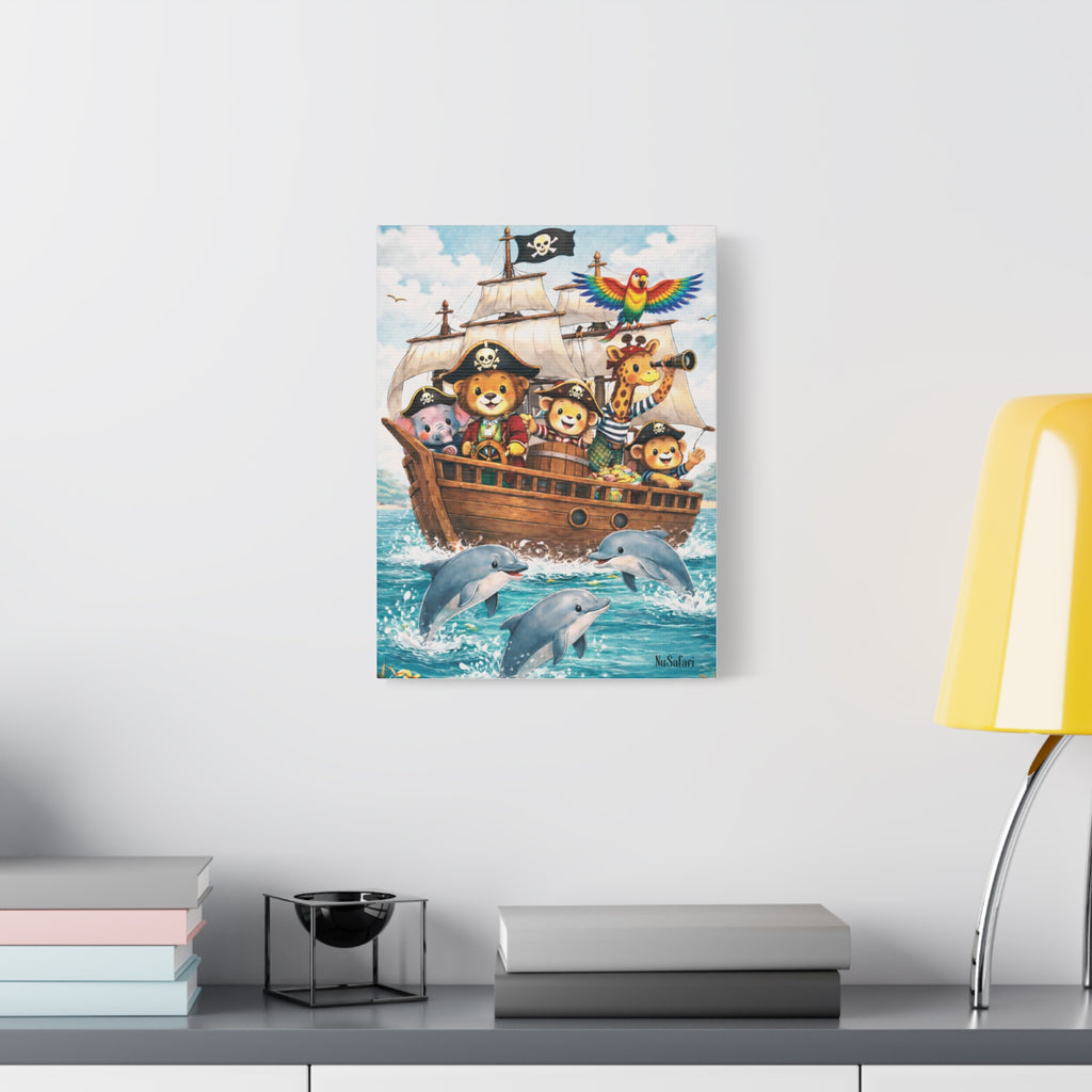 Safari Pirate Animals Nursery Wall Art Canvas– Cute Animal Pirate Ship with Dolphins – Kids Room Nautical Decor
