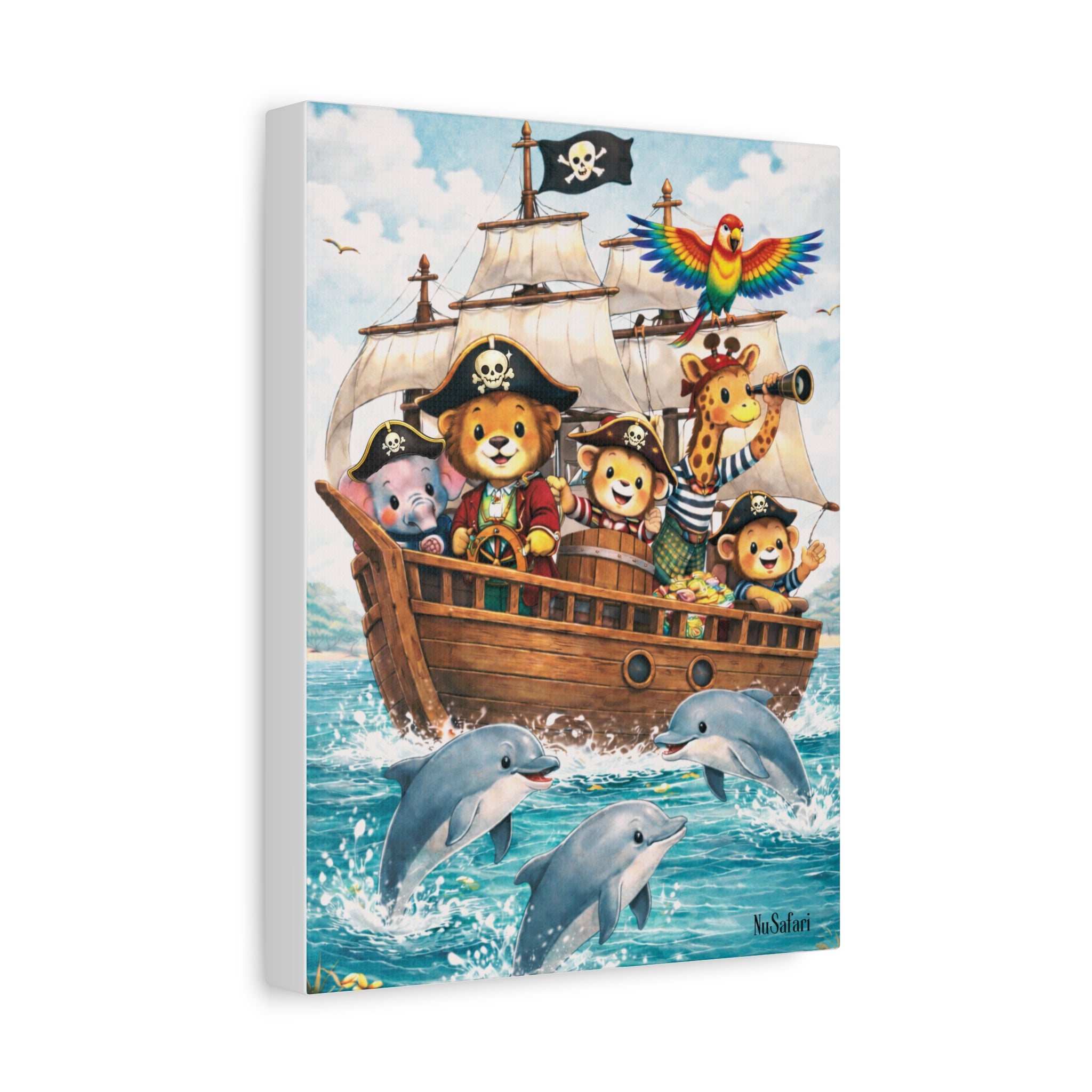 Safari Pirate Animals Nursery Wall Art Canvas– Cute Animal Pirate Ship with Dolphins – Kids Room Nautical Decor