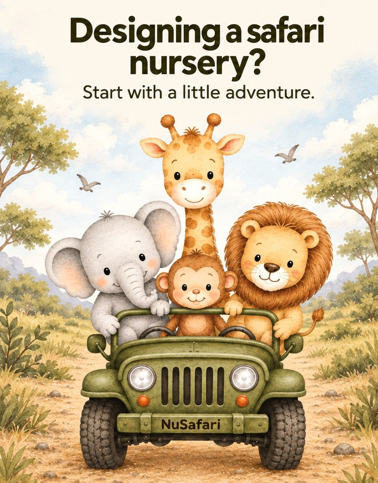 NuSafari™ Jeep Nursery Wall Art Poster Animal Adventure, Neutral Safari Nursery, Elephant Lion Giraffe Monkey Matte Poster