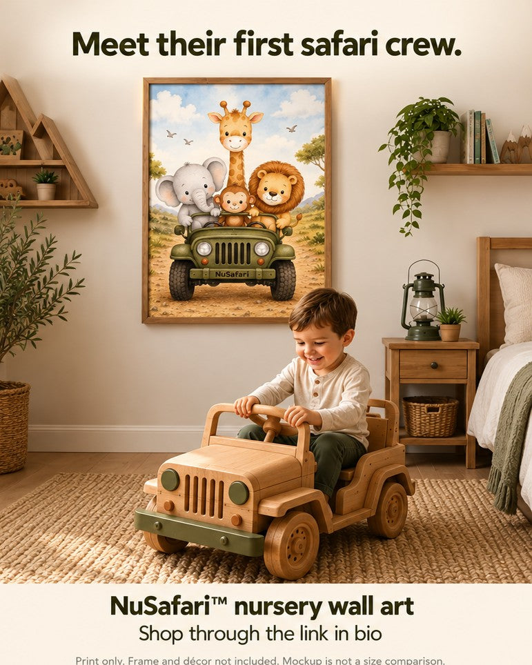 NuSafari™ Jeep Nursery Wall Art Poster Animal Adventure, Neutral Safari Nursery, Elephant Lion Giraffe Monkey Matte Poster